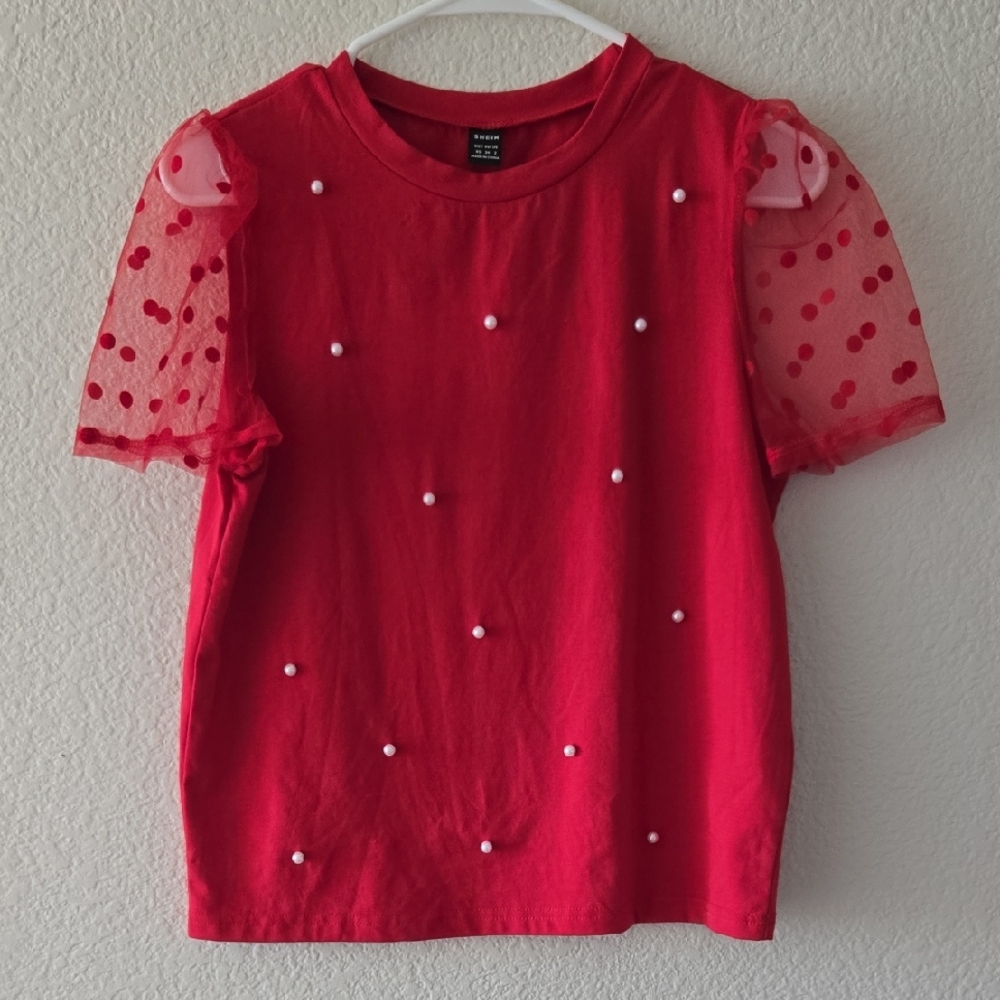 SHEIN Red Top with Sheer Polka Dot Sleeves